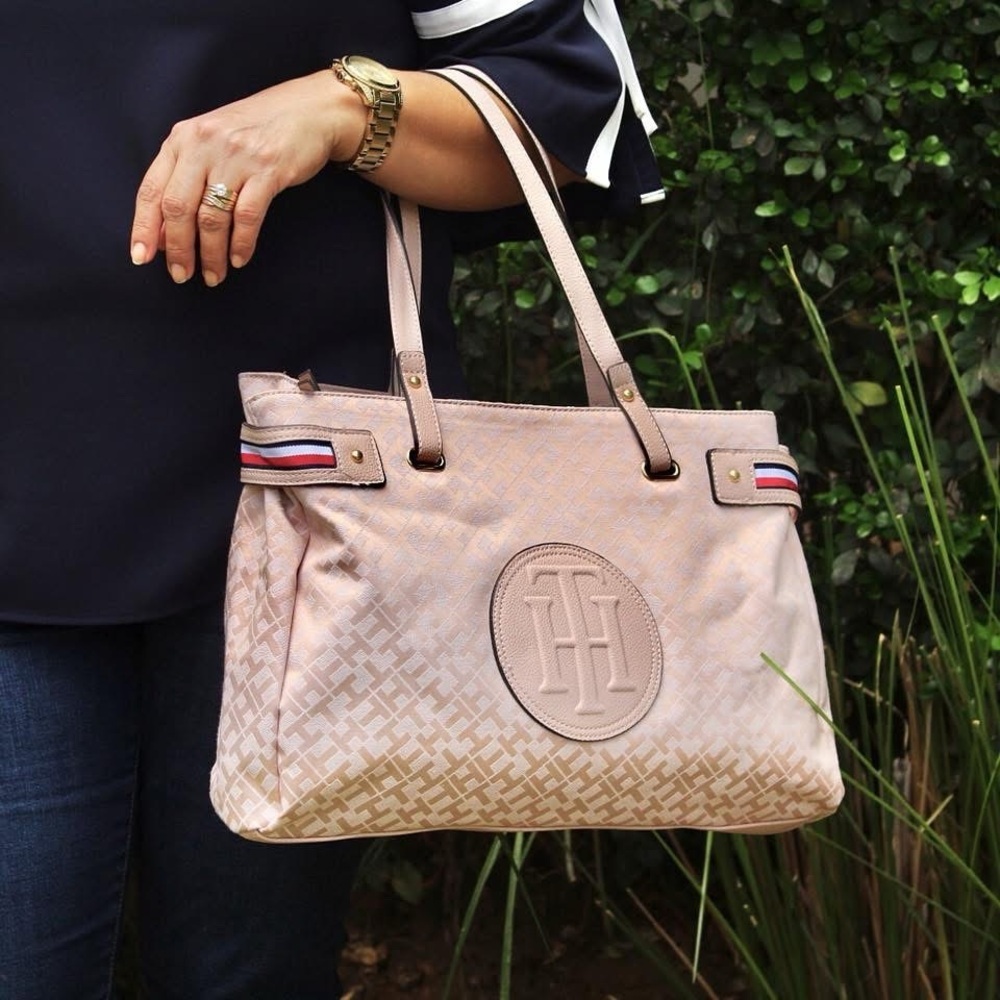Tommy Hilfiger Monogram Tote Bag Rose Pink TH Logo Large Shopper Purse